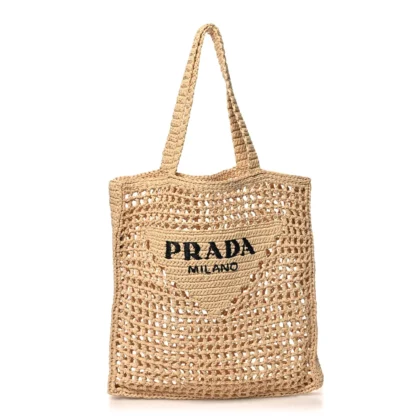 PRADA MEDIUM EFFECT CROCHET LOGO EMBROIDERED TOTE NATURALE YARN RAFFIA