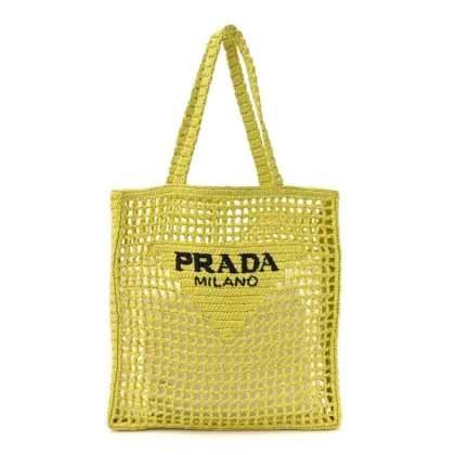 PRADA LARGE EFFECT CROCHET LOGO EMBROIDERED TOTE BAG CEDRO YARN RAFFIA