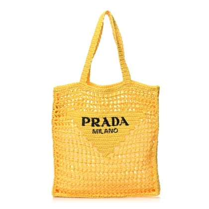 PRADA LARGE EFFECT CROCHET LOGO EMBROIDERED TOTE BAG GIALLO YARN RAFFIA