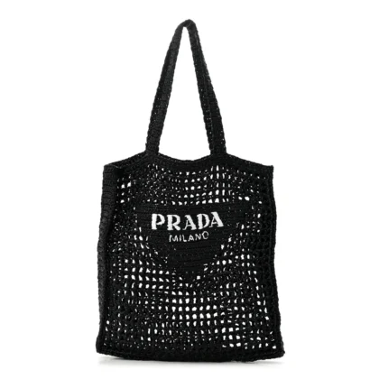 PRADA MEDIUM EFFECT CROCHET LOGO EMBROIDERED TOTE BAG BLACK YARN RAFFIA