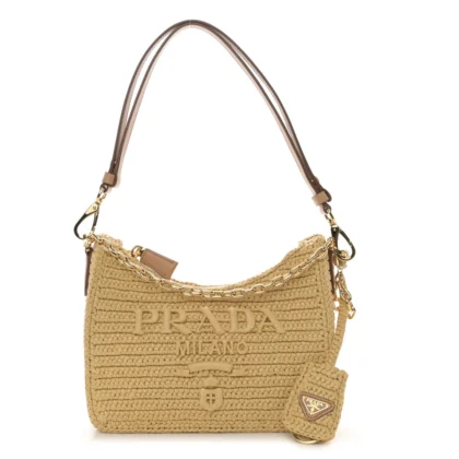 PRADA MINI EFFECT CROCHET RE-EDITION 2000 SHOULDER BAG NATURALE YARN RAFFIA GOLD HARDWARE