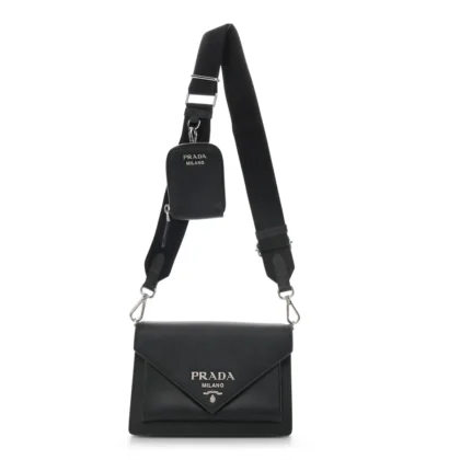 PRADA MINI ENVELOPE BAG BLACK SAFFIANO & CITY CALF LEATHER SILVER HARDWARE