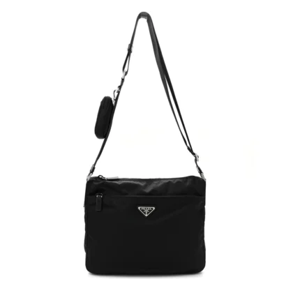 PRADA MEDIUM POCKET DOUBLE ZIP MESSENGER BAG BLACK RE NYLON VELA & SAFFIANO LEATHER SILVER HARDWARE