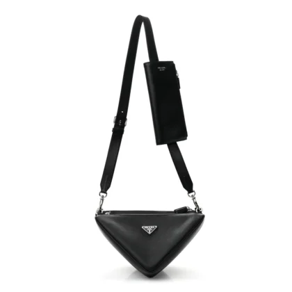 PRADA MEDIUM DOUBLE TRIANGLE SHOULDER BAG BLACK VITELLO SAFFIANO CUIR LEATHER SILVER HARDWARE