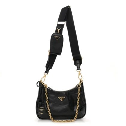 PRADA MEDIUM RE-EDITION 2005 SHOULDER BAG BLACK PATENT NAPLAK LEATHER GOLD HARDWARE