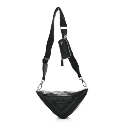 PRADA MEDIUM TRIANGLE SHOULDER BAG BLACK CALFSKIN LEATHER SILVER HARDWARE