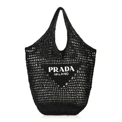 PRADA LARGE EFFECT LOGO EMBROIDERED SHOPPING CROCHET TOTE BAG BLACK YARN RAFFIA