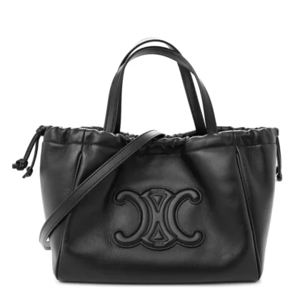 CELINE SMALL TRIOMPHE CABAS DRAWSTRING BLACK SMOOTH CALFSKIN LEATHER GOLD HARDWARE