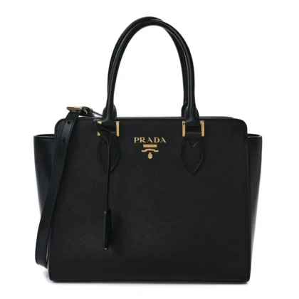PRADA SMALL ZIPPERED TOTE BAG BLACK SAFFIANO SOFT CALFSKIN LEATHER GOLD HARDWARE