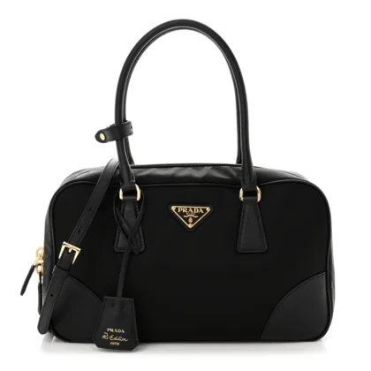 PRADA MEDIUM RE-EDITION 1978 TWO HANDLE BAG BLACK RE-NYLON & SAFFIANO LEATHER GOLD HARDWARE