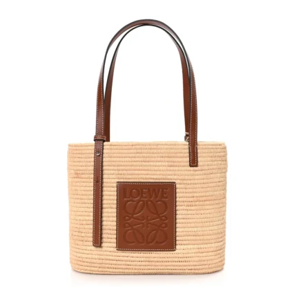 LOEWE SQUARE BASKET TOTE BAG SMALL NATURAL/PECAN RAFFIA & CALFSKIN LEATHER