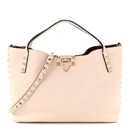 VALENTINO GARAVANI SMALL ROCKSTUD FLIP LOCK TOTE BAG LIGHT IVORY/RUBINO GRAINED CALFSKIN LEATHER GOLD HARDWARE