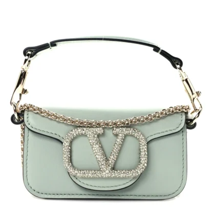 VALENTINO GARAVANI CRYSTAL VLOGO MICRO LOC?? SHOULDER BAG MORNING DEW CALFSKIN LEATHER INCOGNITO HARDWARE