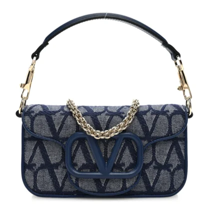 VALENTINO GARAVANI SMALL LOC?? SHOULDER BAG MELANGE DENIM/WORKER TOILE ICONOGRAPHE COTTON VLOGO GOLD HARDWARE
