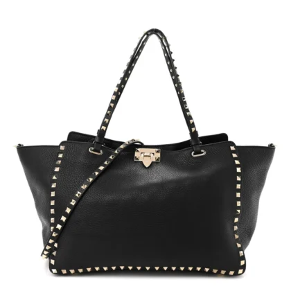 VALENTINO GARAVANI MEDIUM ROCKSTUD TOTE BLACK PEBBLED CALFSKIN LEATHER GOLD HARDWARE