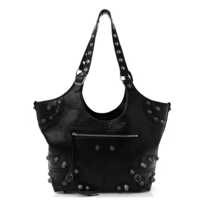 BALENCIAGA MEDIUM LE CAGOLE CARRY ALL BAG BLACK AGNEAU ARENA LEATHER SILVER HARDWARE