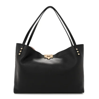 VALENTINO GARAVANI MEDIUM ROCKSTUD TOTE BLACK/ROSE QUARTZ GRAINY CALFSKIN LEATHER GOLD HARDWARE