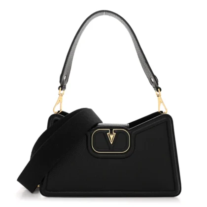 VALENTINO GARAVANI MEDIUM VLOGO SIGNATURE SHOULDER BAG BLACK GRAINY CALFSKIN LEATHER GOLD HARDWARE