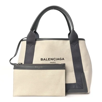 BALENCIAGA S NAVY CABAS NATUREL GRIS ACIER COTTON CANVAS & CALFSKIN LEATHER