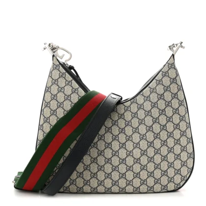 GUCCI LARGE WEB ATTACHE SHOULDER BAG BEIGE/BLUE GG SUPREME MONOGRAM CANVAS & TEXTURED CALFSKIN LEATHER SILVER HARDWARE