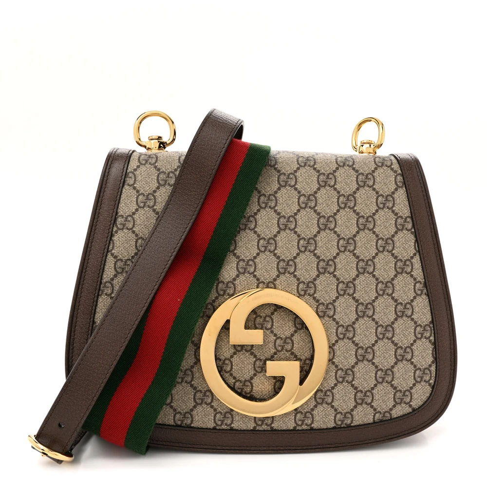 GUCCI MEDIUM BLONDIE TOP HANDLE SHOULDER FLAP BAG BEIGE / EBONY / NEW ACERO GG SUPREME MONOGRAM CANVAS & TEXTURED DOLLAR CALFSKIN LEATHER BRASS HARDWARE