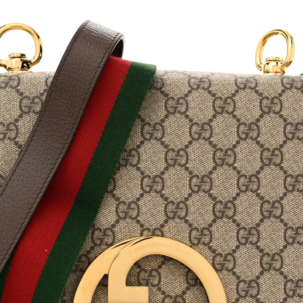 GUCCI MEDIUM BLONDIE TOP HANDLE SHOULDER FLAP BAG BEIGE / EBONY / NEW ACERO GG SUPREME MONOGRAM CANVAS & TEXTURED DOLLAR CALFSKIN LEATHER BRASS HARDWARE - Image 8