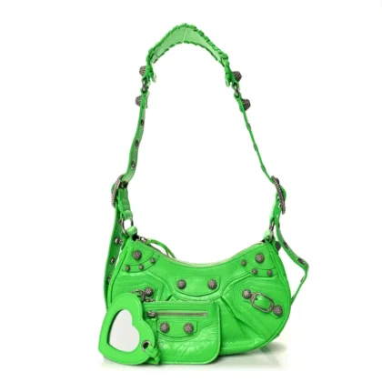 BALENCIAGA XS CRYSTAL LE CAGOLE SHOULDER BAG FLUO GREEN AGNEAU ARENA LEATHER SILVER HARDWARE