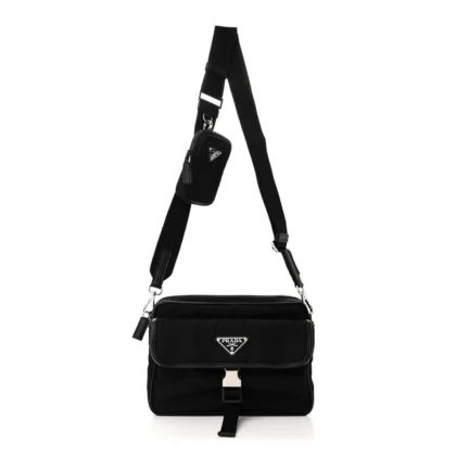 PRADA SMALL POCKET SINGLE SNAP BUCKLE SHOULDER BAG BLACK RE-NYLON & SAFFIANO LEATHER SILVER HARDWARE