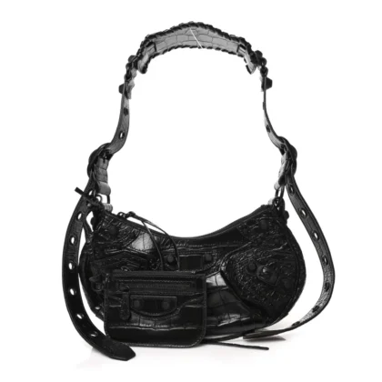 BALENCIAGA XS MONOCHROME LE CAGOLE SHOULDER BAG BLACK CROCODILE EMBOSSED EXTRA SUPPLE CALFSKIN LEATHER BLACK HARDWARE