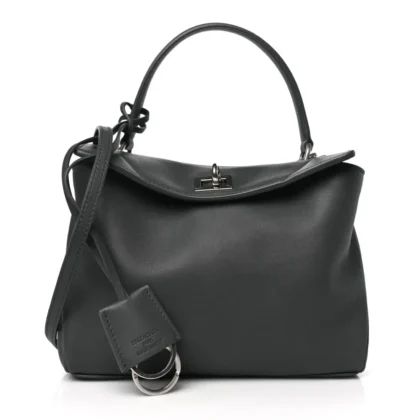 BALENCIAGA MINI RODEO TOP HANDLE HANDBAG GREY NATURAL SMOOTH CALFSKIN LEATHER SILVER HARDWARE