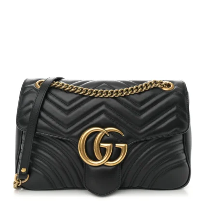 GUCCI MEDIUM GG MARMONT SHOULDER BAG BLACK CALFSKIN MATELASS?? LEATHER ANTIQUE GOLD HARDWARE