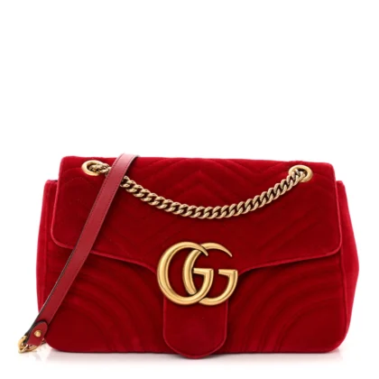 GUCCI MEDIUM GG MARMONT SHOULDER BAG HIBISCUS RED VELVET MATELASS?? LEATHER AGED GOLD HARDWARE