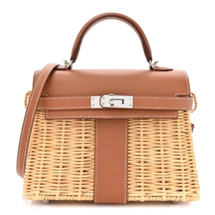 HERM??S PICNIC MINI KELLY 20 NATUREL/BROWN WICKER & SWIFT LEATHER PALLADIUM SILVER HARDWARE