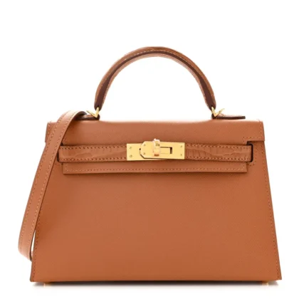 HERM??S MINI KELLY SELLIER TOUCH 20 BROWN MADAME CALFSKIN & MATTE ALLIGATOR LEATHER GOLD HARDWARE