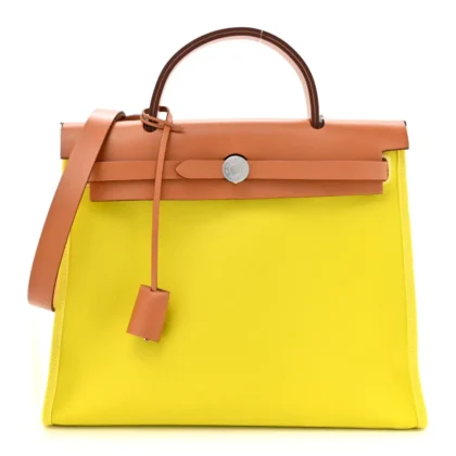 HERMES H BERLINE HERBAG ZIP 31 PM LIME TOILE & VACHE HUNTER LEATHER PALLADIUM SILVER HARDWARE