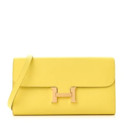 HERMES CONSTANCE WALLET TO GO LIME EVERCOLOR LEATHER GOLD HARDWARE