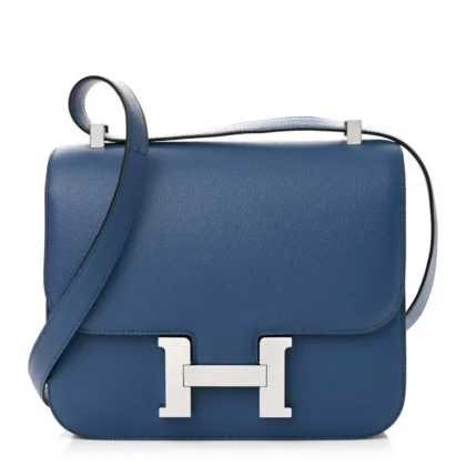 HERMES CONSTANCE VERSO 24 BLEU AGATE / GRIS MOUETTE EPSOM LEATHER PALLADIUM SILVER HARDWARE