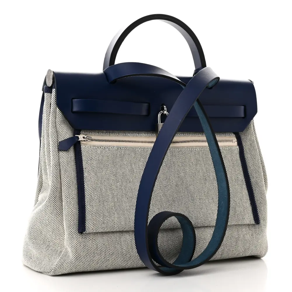 HERMES BRIDES DE GALA HERBAG ZIP RETOURNE 31 PM BLEU DE FRANCE / ECRU / BLACK VACHE HUNTER LEATHER & TOILE H PALLADIUM SILVER HARDWARE - Image 4