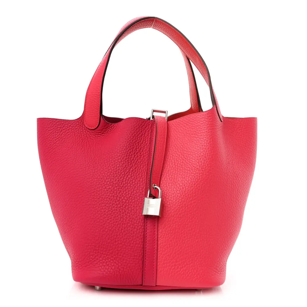 HERMES CASAQUE PICOTIN LOCK 22 MM ROSE EXTR??ME / ROSE MEXICO / ROUGE DE COEUR TAURILLON CLEMENCE LEATHER PALLADIUM SILVER HARDWARE