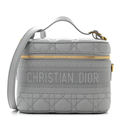 DIOR SMALL DIORTRAVEL VANITY CASE GREY CANNAGE LAMBSKIN LEATHER GOLD HARDWARE