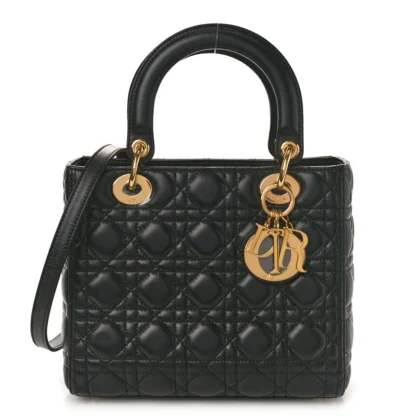 DIOR MEDIUM LADY DIOR BLACK CANNAGE LAMBSKIN LEATHER GOLD HARDWARE