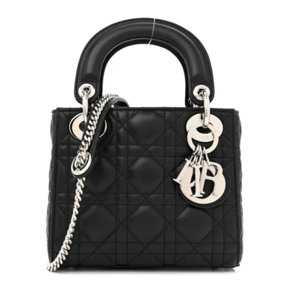 DIOR MINI LADY DIOR BLACK CANNAGE LAMBSKIN LEATHER SILVER HARDWARE