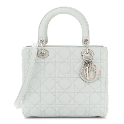 DIOR MEDIUM LADY DIOR WHITE GRAINED CANNAGE CALFSKIN LEATHER SILVER HARDWARE