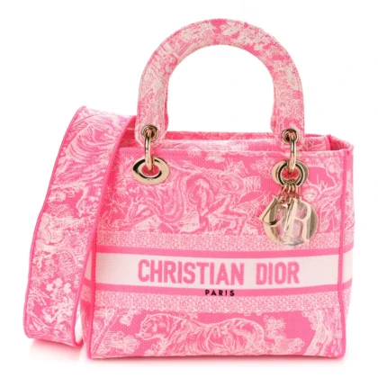 DIOR MEDIUM TOILE DE JOUY LADY D-LITE FLUORESCENT PINK REVERSE EMBROIDERED CANVAS GOLD HARDWARE