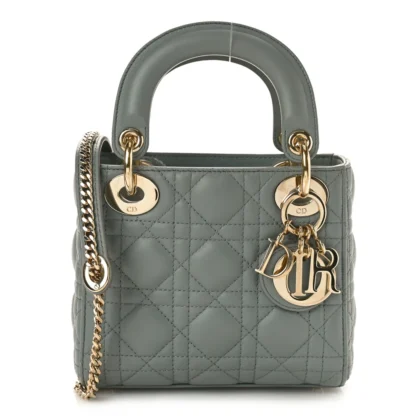 DIOR MINI LADY DIOR GREY CANNAGE LAMBSKIN LEATHER GOLD HARDWARE