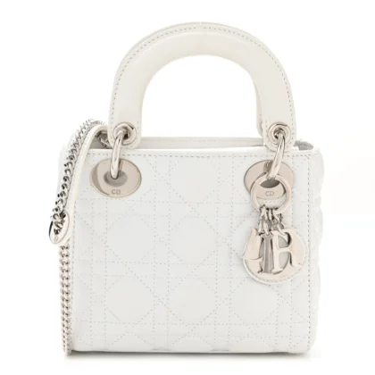 DIOR MINI LADY DIOR WHITE LAMBSKIN CANNAGE LEATHER SILVER HARDWARE
