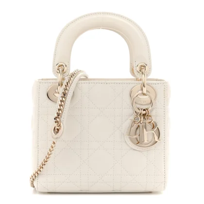 DIOR MINI LADY DIOR WHITE CANNAGE LAMBSKIN LEATHER GOLD HARDWARE