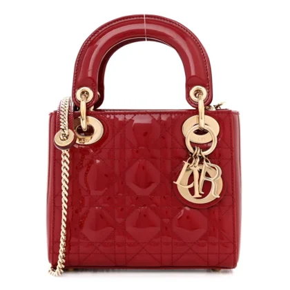 DIOR MINI LADY DIOR RED PATENT CANNAGE CALFSKIN LEATHER GOLD HARDWARE