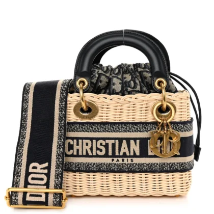 DIOR MINI LADY DIOR WICKER & BLUE OBLIQUE CANVAS GOLD HARDWARE