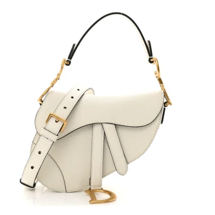 DIOR MINI SADDLE BAG WITH STRAP WHITE GRAINED CALFSKIN LEATHER BRASS HARDWARE